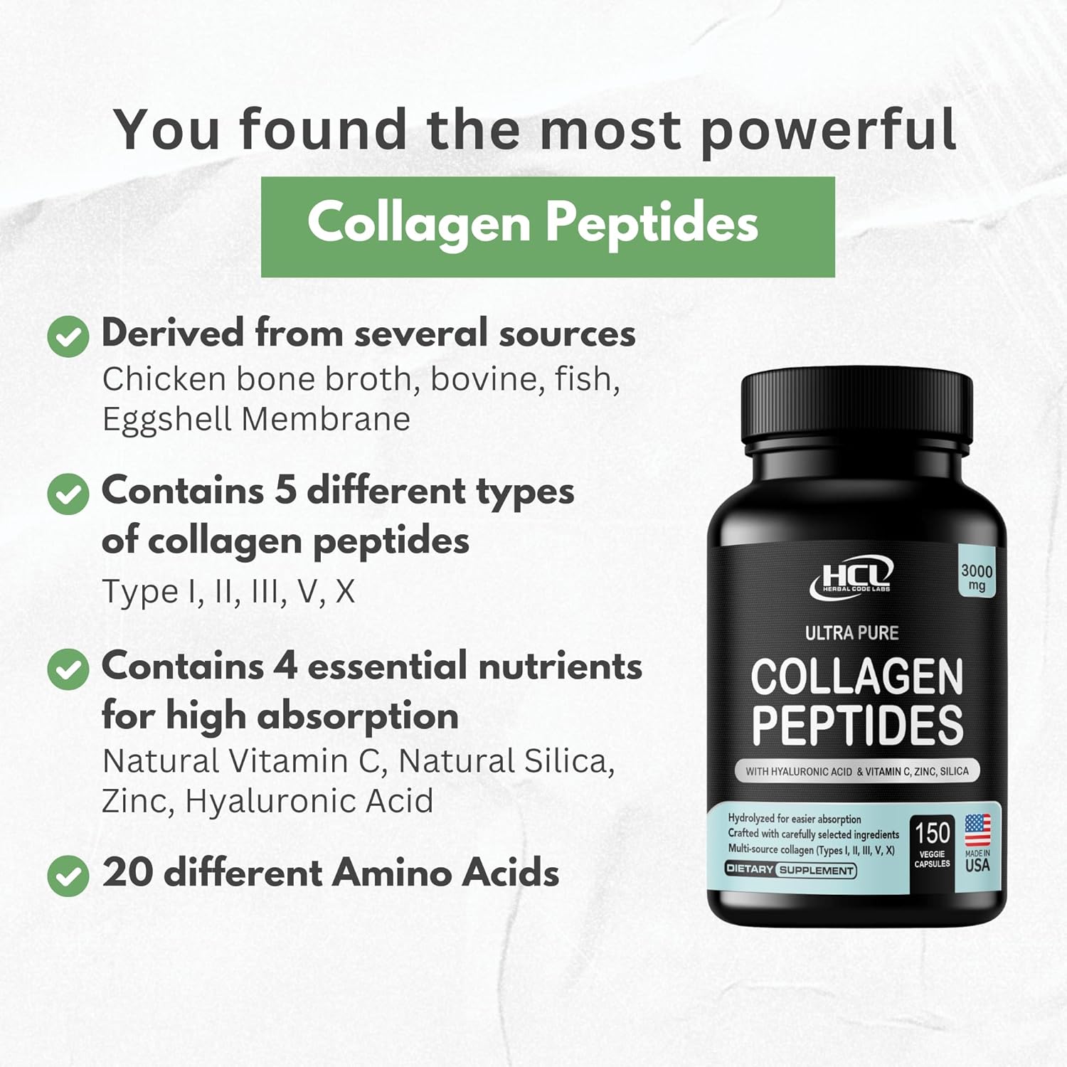 Collagen Peptides Powder With Vitamin C & Hyaluronic Acid - Organic Cleanest Sources & Super High Absorption - Hydrolyzed Multi Type I, Ii, Iii, V, X - Skin Hair Supplement (Capsules) : Health & Household