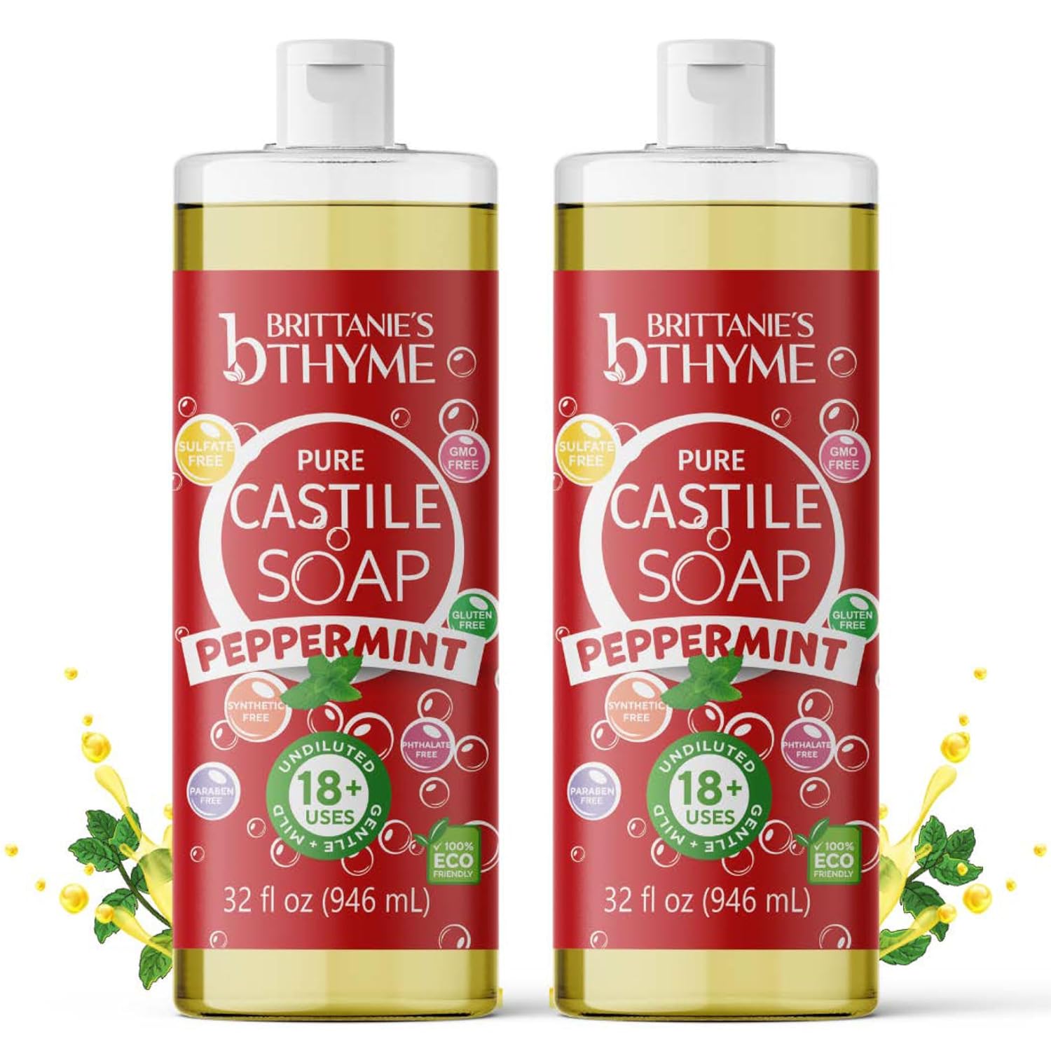 Brittanie’S Pure Castile Liquid Soap Refill, Peppermint, 32 Ounce | Dish Soap, Hair & Body, Home, Gentle And Pure, Made With Natural Luxurious Oils, Vegan & Gluten Free Non-Gmo