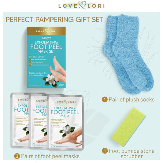 Love, Lori, Foot Care For Women - Foot Spa Kit W/ 3 Pack Foot Exfoliator Peeling Mask, Pumice Stone & Foot Moisturizing Socks - Foot Care Kit For Baby Feet - Self Care Gifts For Women