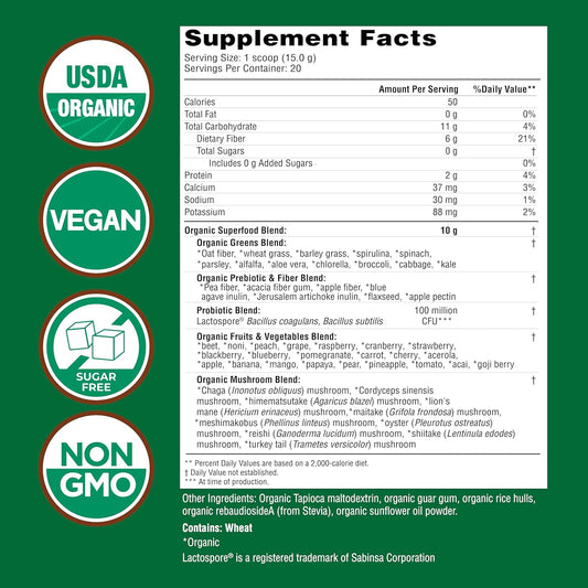 Country Farms Super Greens Natural Flavor, 50 Organic Super Foods, Usda Organic Drink Mix, Fruits, Vegetables, Super Greens, Mushrooms & Probiotics, Supports Energy, 20 Servings, 10.6 Oz