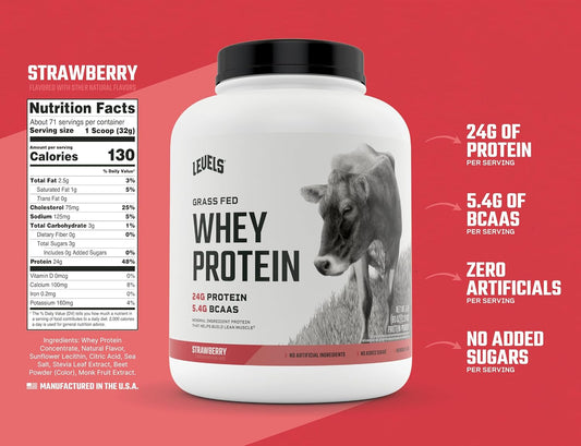 Levels Grass Fed Whey Protein Powder, No Artificials, 24G Of Protein, Strawberry, 5Lb