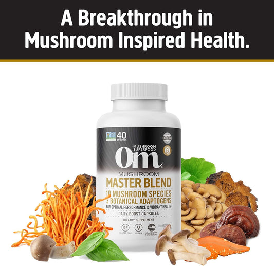 Om Mushroom Superfood Master Blend Mushroom Capsules Supplement, 160 Count, 40 Servings, 10 Mushroom Complex, Lions Mane, Chaga, Cordyceps, Reishi Extract Adaptogens for Vibrant Health, Immune Support