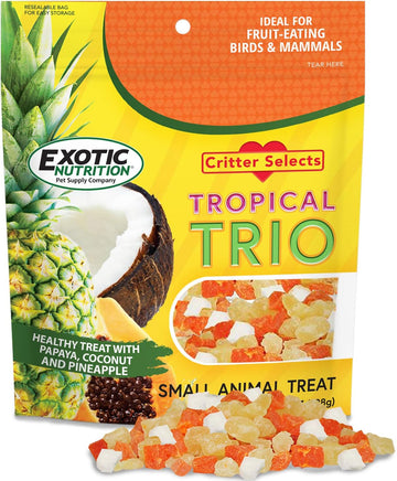 Tropical Trio - Healthy Natural Mixed Dried Fruit Treat - Papaya, Coconut, Pineapple - For Sugar Gliders, Squirrels, Prairie Dogs, Skunks, Marmosets, Parrots, Birds, Rats, Small Pets (4.5 Oz.)