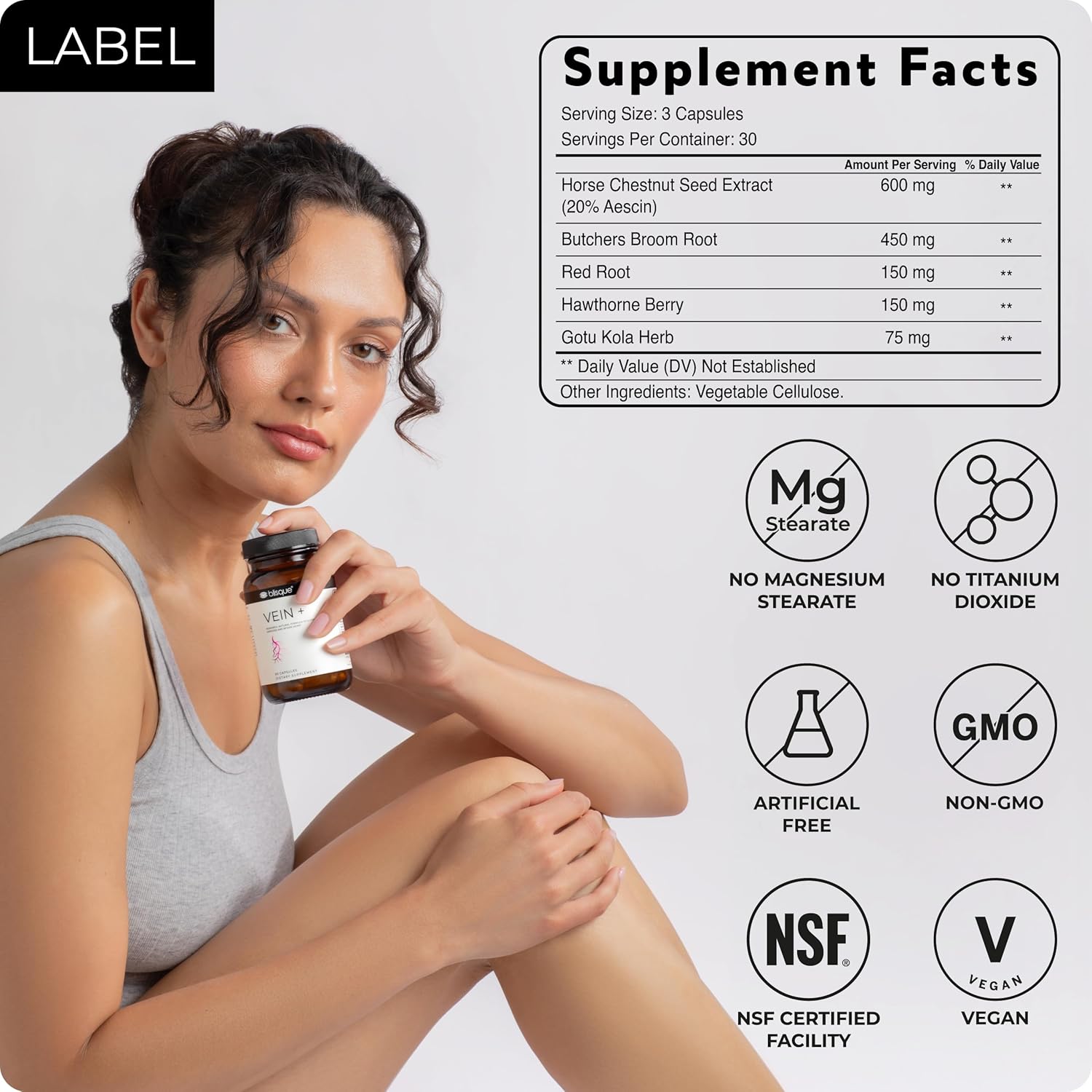 Blisque - Natural Leg Vein Support Supplement For Varicose And Spider Veins | Boosts Oxygen, Enhances Blood Flow And Circulation For Legs | Doctor-Approved | With Horse Chestnut | 90 Capsules