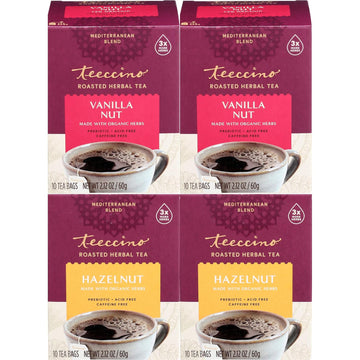 Teeccino Hazelnut & Vanilla Nut Herbal Tea Variety Pack - Roasted Herbal Tea That’S Caffeine Free & Prebiotic For Natural Energy, 10 Tea Bags (Pack Of 4)