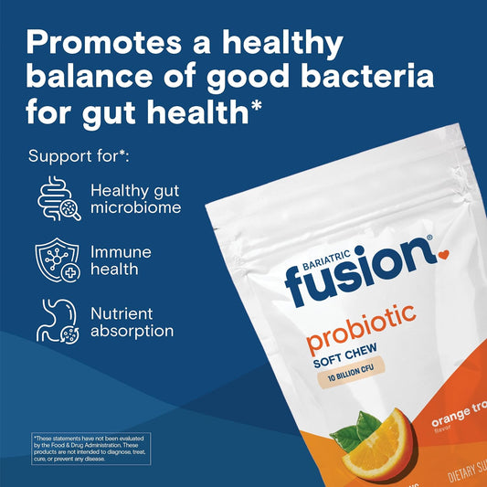 Bariatric Fusion Bariatric Probiotic Soft Chews | Orange Tropical Flavor Chewy Bariatric Vitamin | Bacillus Coagulans 10 Billion Cfu Chewable Probiotic | Support Digestive & Immune Health | 60 Count