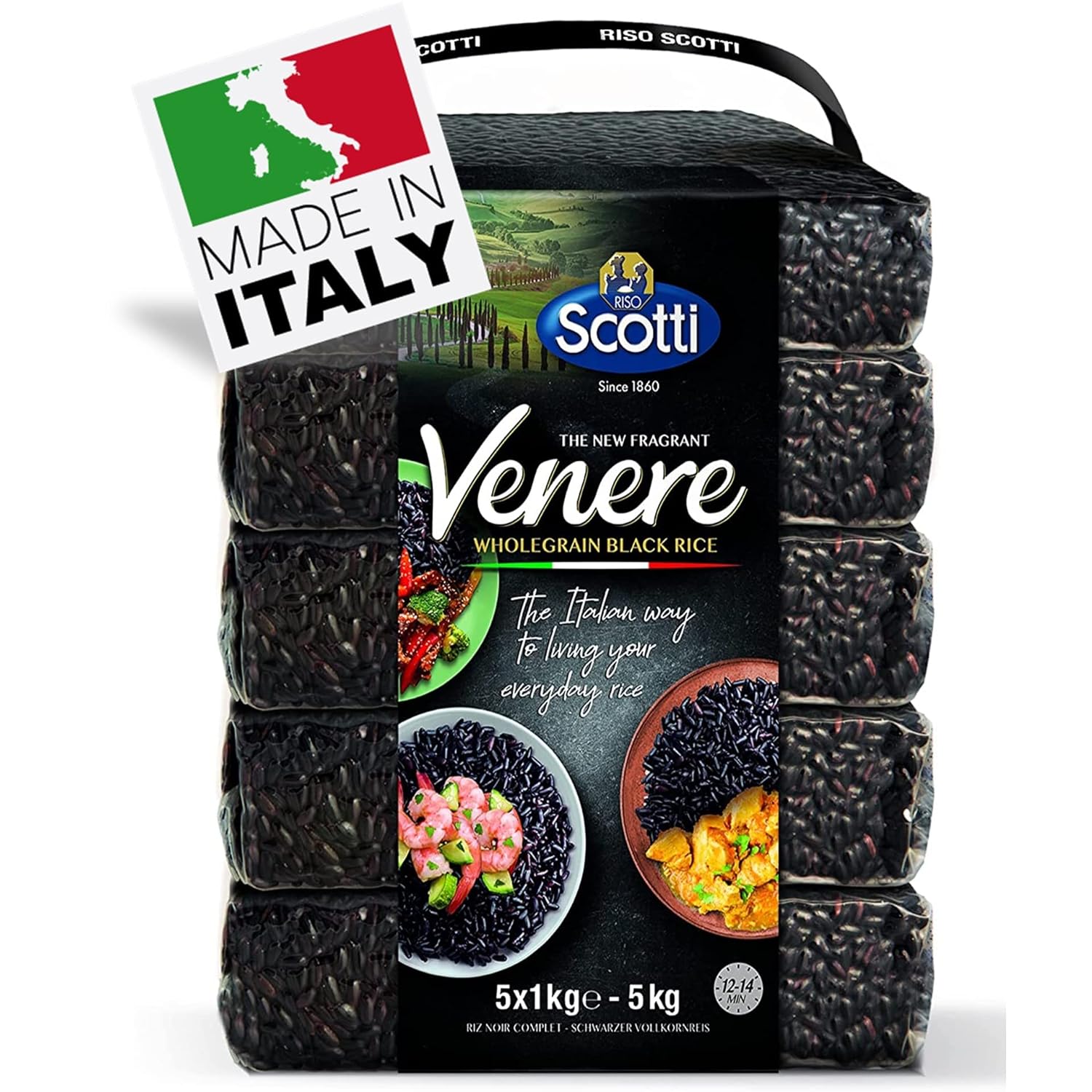 Black Grain Rice, Bulk 11 lbs (5 x 1 kg), Product of Italy, Riso Scotti, Venere, Premium Quality, Wild Ancient Whole Grain Rice, Riso, Product of Italy
