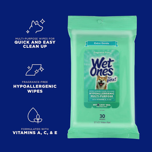 Wet Ones for Pets Hypoallergenic Multi-Purpose Dog Wipes with Vitamins A, C & E | Fragrance-Free Hypoallergenic Dog Wipes for All Dogs Wipes with Wet Lock Seal | 30 Count Pouch Dog Wipes