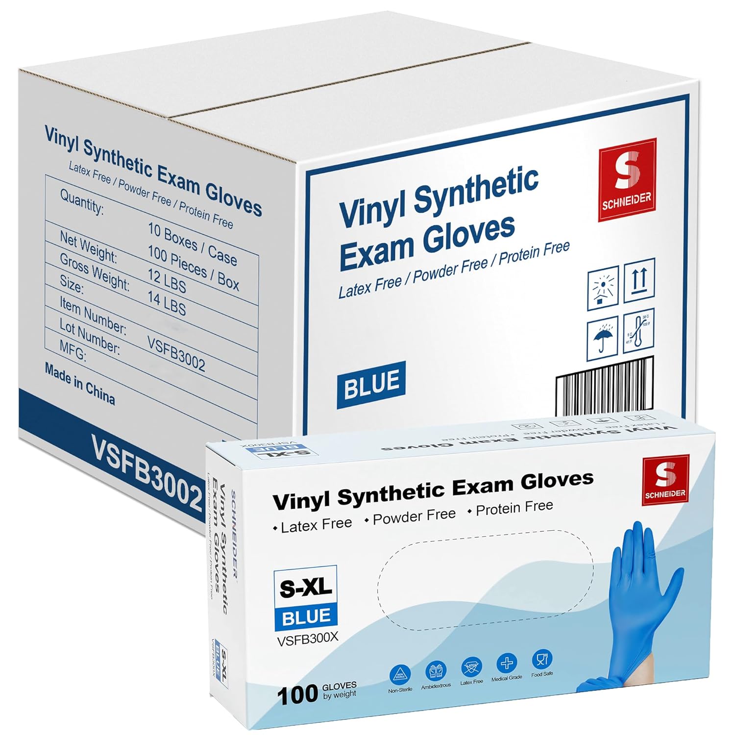 Schneider Blue Vinyl Synthetic Exam Gloves, Medium, Case Of 1000, 4-Mil, Powder-Free, Latex-Free, Non-Sterile, Disposable Gloves