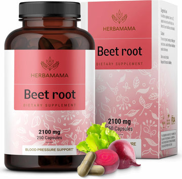 Herbamama Beet Root Powder Capsules - 1200 Mg Beets Nitric Oxide Supplements - Beet Root Immune Support Powder Capsules - Vegan, Non-Gmo - 250 Caps