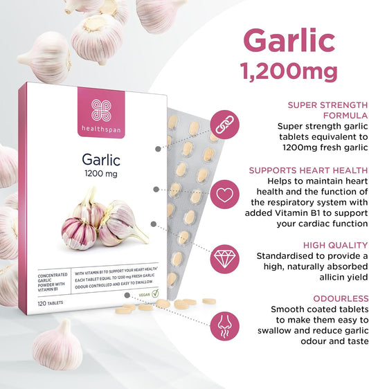 Healthspan Garlic 1,200Mg (120 Tablets) | Supports Heart Health & The Respiratory System | Maintains Normal Cholesterol Levels | Added Vitamin B1 | Odour-Controlled & Easy To Swallow | Vegetarian