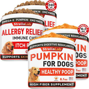 Allergy Relief 2 Packs 240Ct + Pumpkin Pack Of 2 - 16.2Oz For Dogs Bundle - Itchy Skin Treatment + Skin&Coat - Omega3& Pumpkin - Allergy&Anti Itch + Diarrhea, Constipation, Upset Stomach - Made In Usa