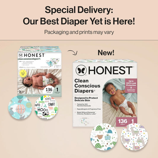 The Honest Company Clean Conscious Diapers For Delicate Skin | Up To 100% Leakproof | Hypoallergenic, Fragrance Free | Gender Neutral | Super Club Box, Size 3 (16-28 Lbs), 120 Count (Prints May Vary)