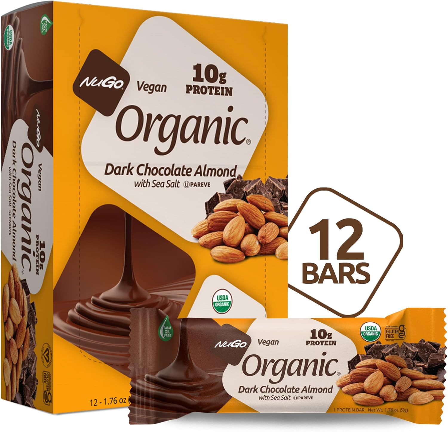 Nugo Organic Dark Chocolate Almond, 10G Vegan Protein, Gluten Free, 12 Count