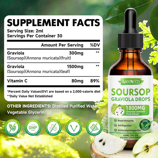 Soursop Graviola Liquid Drops 1800Mg For Cell Support & Regeneration, Immune Boost, Relax, Liver And Zzz, Soursop Bitters Liquid, Herbal Goodness, Vegan, Sugar Free, Apple Flavor, 4 Fl Oz
