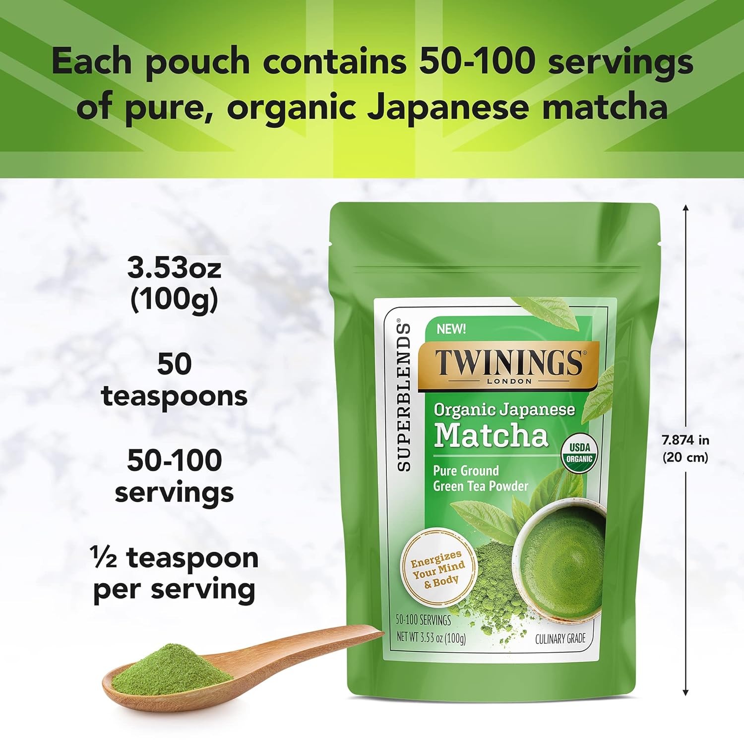 Twinings Organic Japanese Matcha, Pure Ground Green Tea Powder Culinary Grade, 3.53 Ounce/100G Bag, Enjoy Hot Or Iced