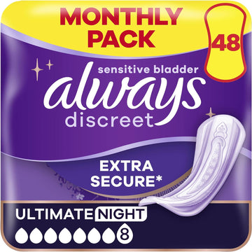 Always Discreet Incontinence Pads Women, Ultimate Night, Absorbency 7, 48 Sanitary Towels (12 x 4 Packs), Extra Secure Bladder Leak Protection, Odour Neutraliser