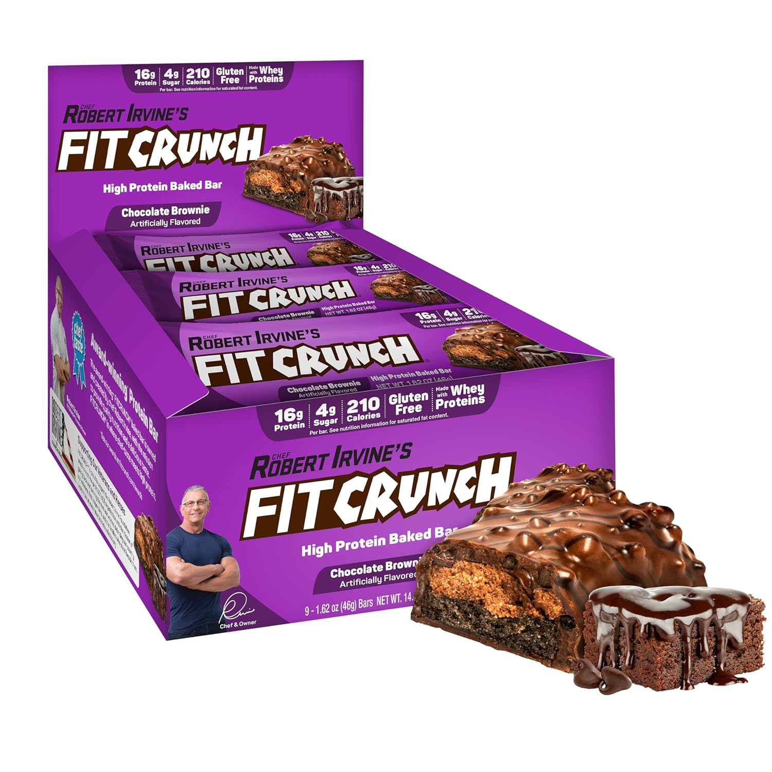 Fitcrunch Snack Size Protein Bars, Designed By Robert Irvine, 6-Layer Baked Bar, 4G Of Sugar, Gluten Free & Soft Cake Core (9 Bars, Chocolate Brownie)