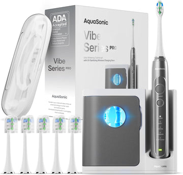 Aquasonic Vibe Series Pro – Ultra-Whitening Electric Toothbrush – 5 Modes & Smart Timers – Uv Sanitizing Base – Ada Accepted (Optic White)