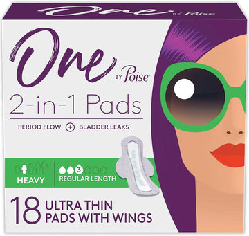 Poise Feminine Pads with Wings (2-in-1 Period & Bladder Leakage Pad for Women), Regular, Heavy Absorbency for Period Flow, Light Absorbency for Bladder Leaks, 18 Count