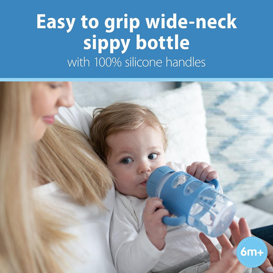 Dr. Brown'S Milestones Wide-Neck Sippy Spout Bottle With 100% Silicone Handles, Easy-Grip Handles With Soft Sippy Spout, 9Oz/270Ml, Light-Blue, 1-Pack, 6M+