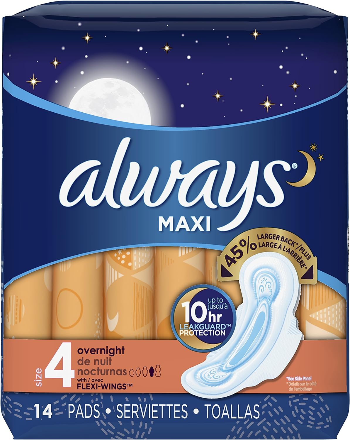 Always Maxi Feminine Pads for Women, Size 4, Overnight Absorbency, Unscented, with Wings, 14 Count-Pack of 6 (84 Count Total) (Package May Vary) : Health & Household