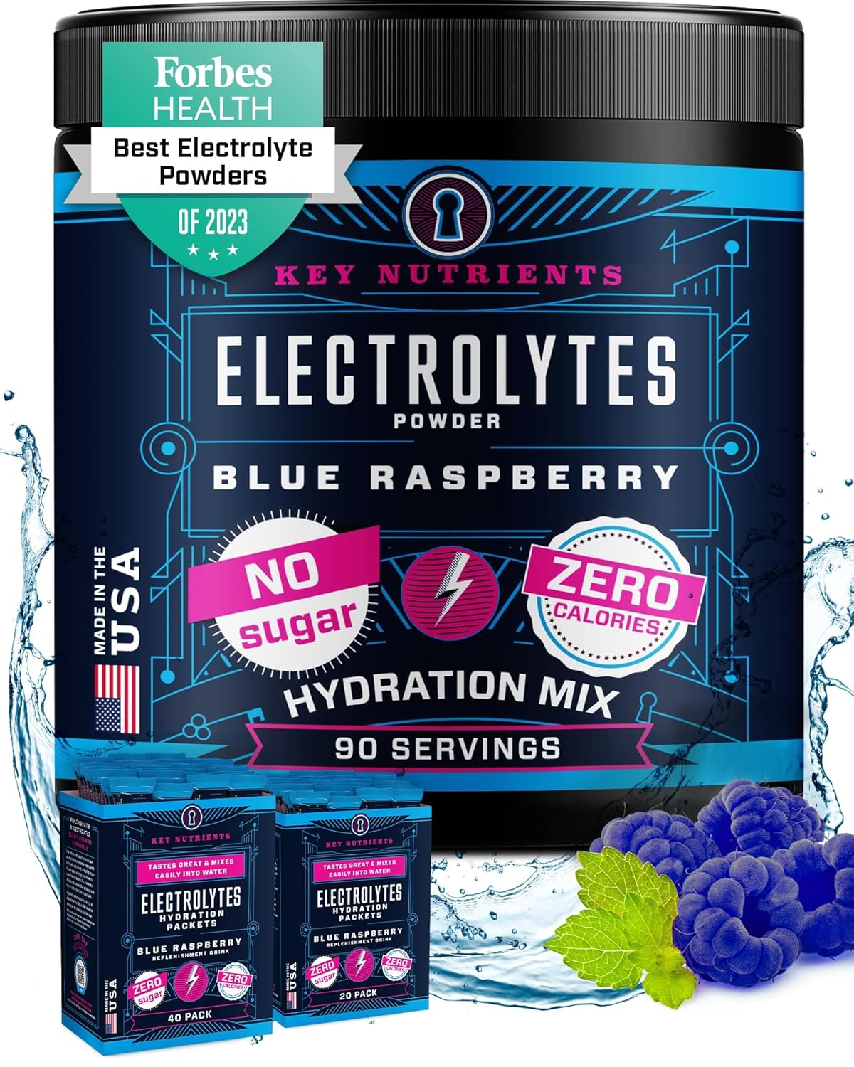 Key Nutrients Multivitamin Electrolytes Powder No Sugar - Sweet Blue Raspberry Electrolyte Powder - Endurance & Energy Supplement - Hydration Powder - No Calories - 90 Servings - Made In Usa