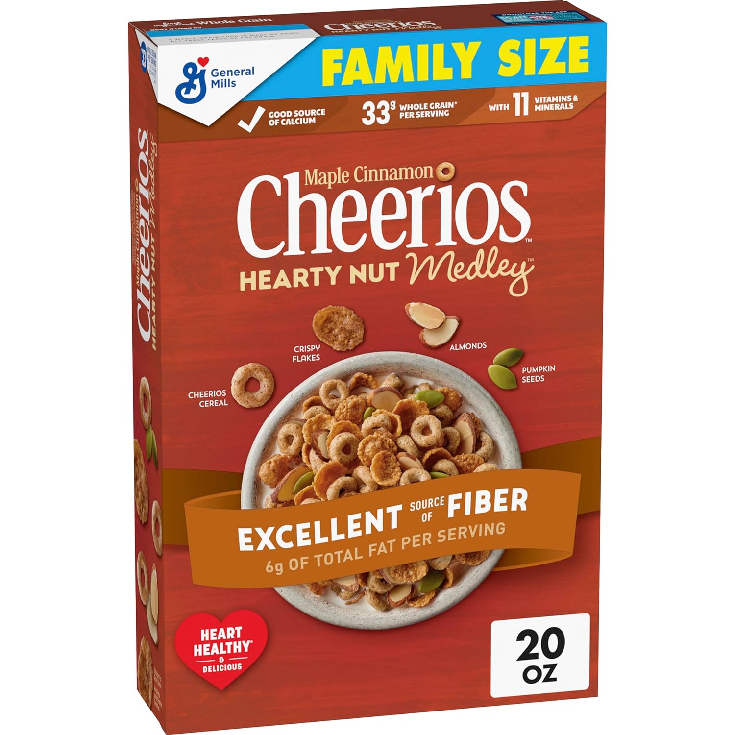 Cheerios Hearty Nut Medley Breakfast Cereal, Maple Cinnamon Flavored, Made With Whole Grain, Family Size, 20 oz