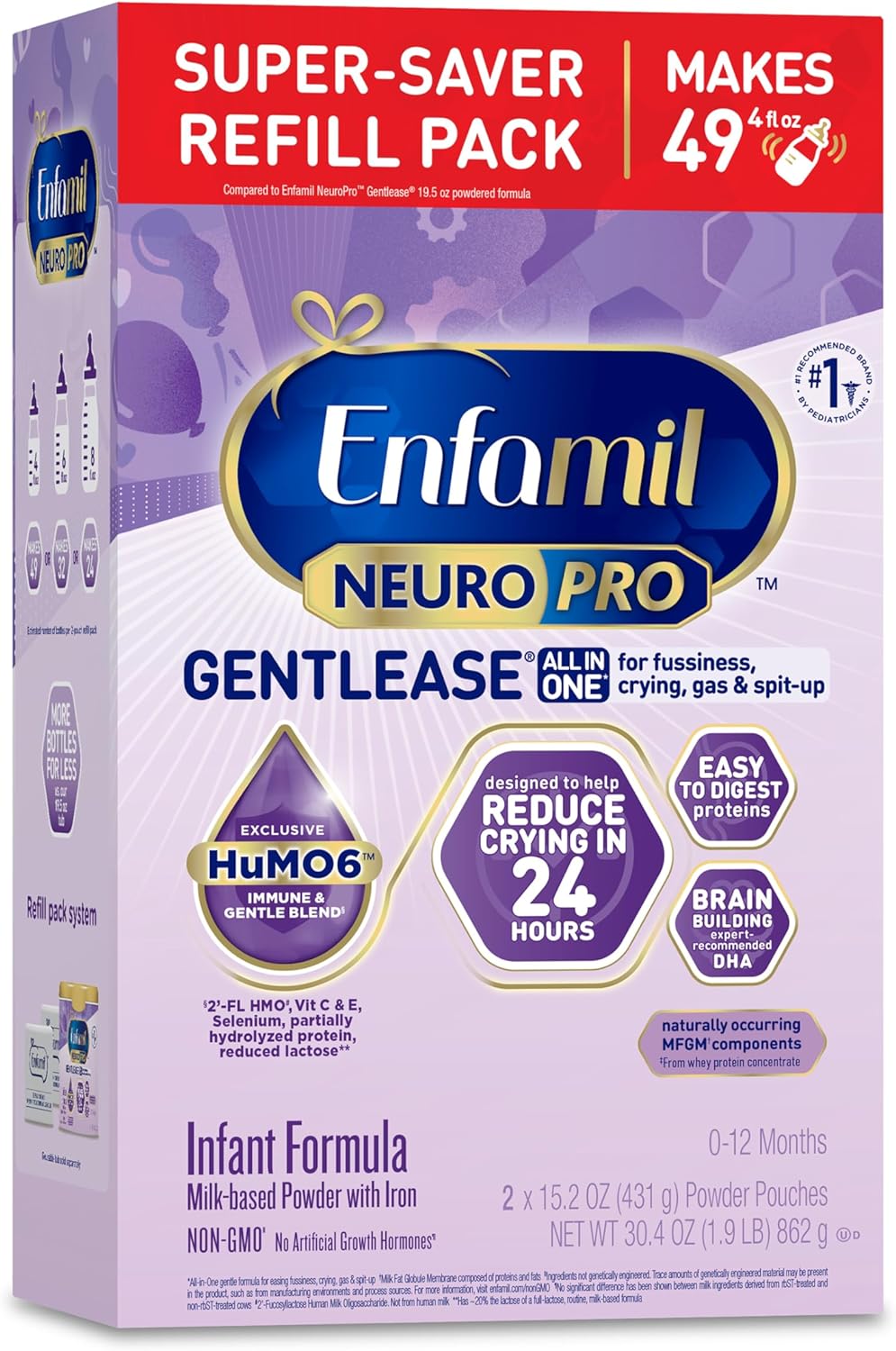 Enfamil NeuroPro Gentlease Baby Formula, Brain Building DHA, HuMO6 Immune Blend, Designed to Reduce Fussiness, Crying, Gas & Spit-up in 24 Hrs, Gentle Infant Formula Powder, Baby Milk, 30.4 Oz Refill