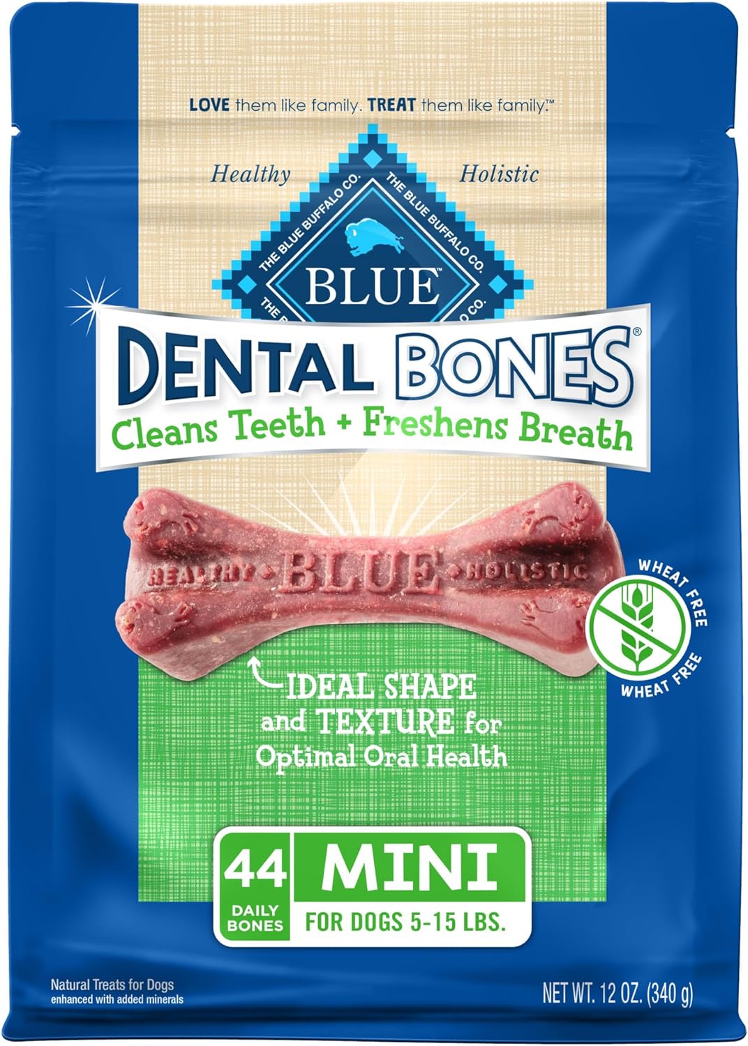 Blue Buffalo Dental Bones Mini Natural Dental Chew Dog Treats, (5-15 lbs) 12-oz Bag
