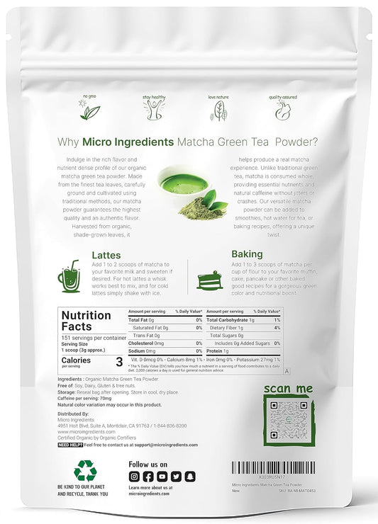 Micro Ingredients Organic Matcha Green Tea Powder, 1Lb | Premium First Harvest Japanese For Daily Beverage | 100% Pure Culinary Grade | No Sugar, Eco-Friendly Recyclable Bags