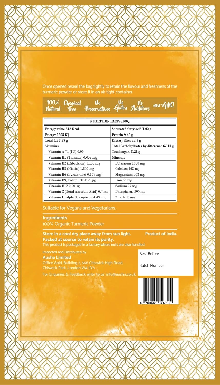 Ausha Organic Turmeric Powder 500g 5-6% High Curcumin - UK Certified Organic by Soil Association - Cooking, Turmeric Shot - 1* Great Taste Award 2023 : Amazon.co.uk: Grocery