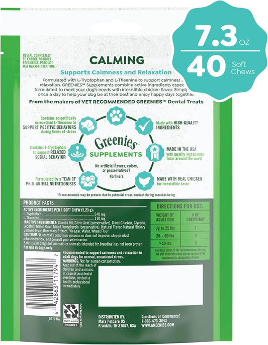 Greenies Supplements Calming Chews For Dogs Chicken Flavor, 40 Count Soft Chews Dog Calming Supplements, 7.3 Oz. Container