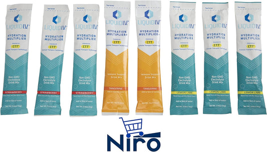 Niro Assortment | Liquid IV Hydration Multiplier | Strawberry, Lemon Lime, Tangerine Liquid IV Variety Pack | Electrolyte Drink Mix | 8 Single Serve Packets