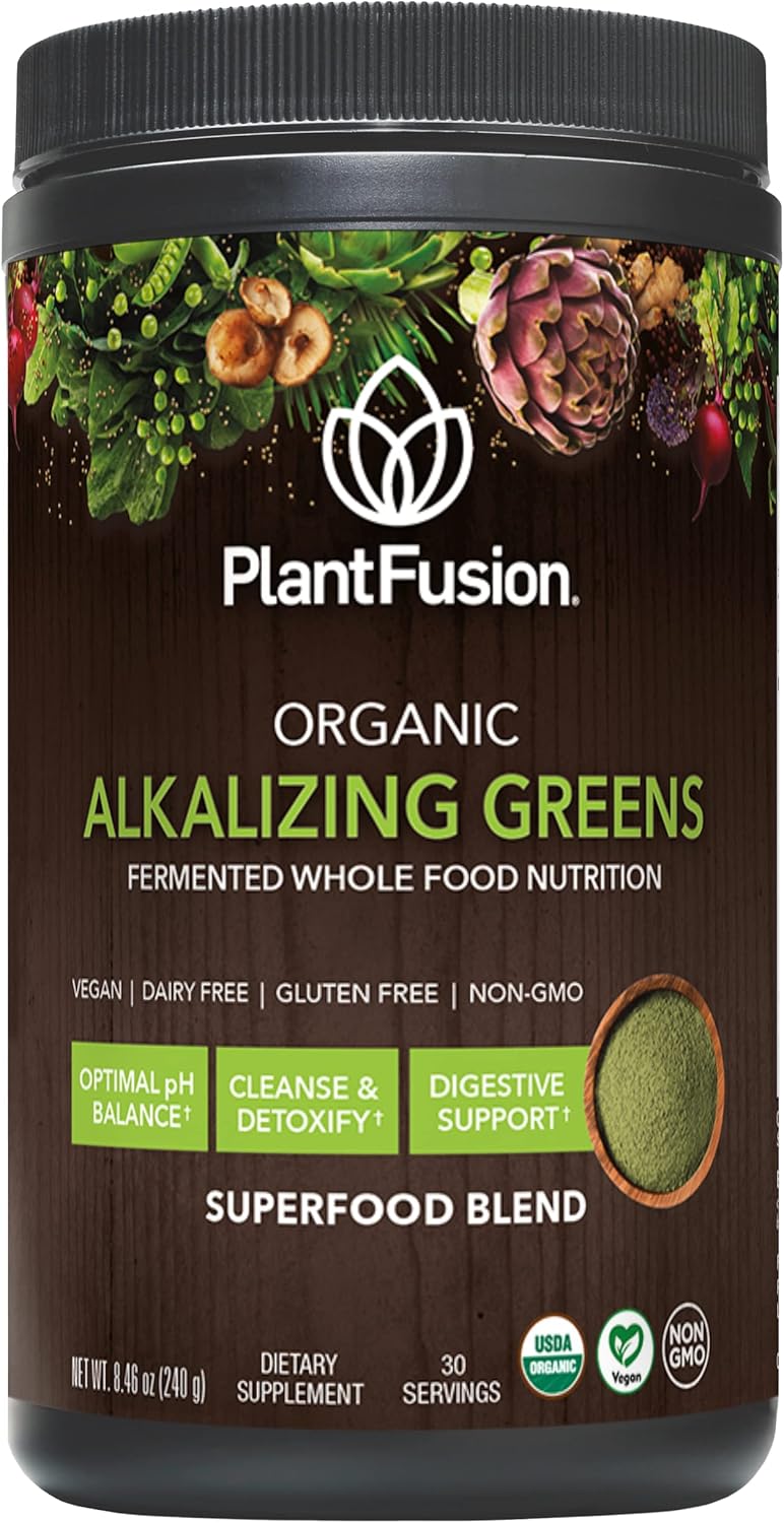 PlantFusion Alkalizing Super Greens Powder - Fermented Greens Superfood Powder Blend with Digestive Enzymes Probiotics & Prebiotic Fiber - Organic, Non-GMO, Vegan, Gluten-Free - 8.46 oz 30 Servings