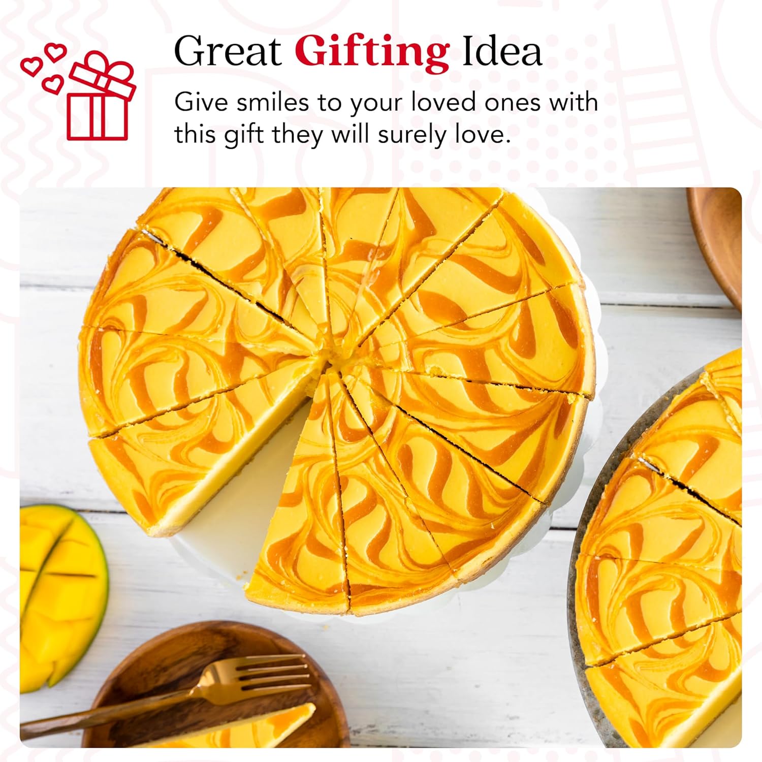 David'S Cookies Mango Cheesecake 10" - Pre-Sliced 14 Pcs. Cheescake With Swirls Of Mango On Top. Fresh Tropical Bakery Dessert Great Gift Idea For Women, Men And Kids