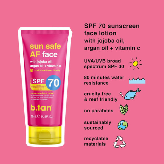 B.Tan Face Sunscreen, Sun Safe Af Spf70 Facial Sunscreen. Cruelty-Free, 100% Vegan & Reef Safe Sunscreen For Face. Lightweight, Sheer Lotion For All Skin Types With Hydrated Matte Finish. 3 Fl Oz