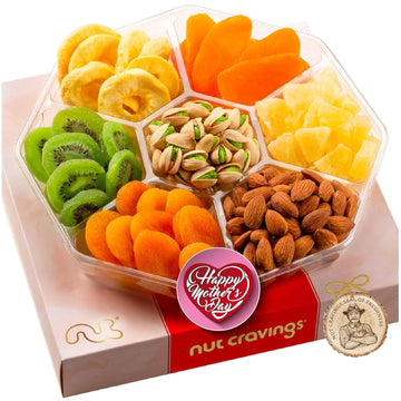 Nut Cravings Gourmet Collection - Mothers Day Dried Fruit & Mixed Nuts Gift Basket in Red Box (7 Assortments, 1 LB) Arrangement Platter, Birthday Care Package - Healthy Kosher