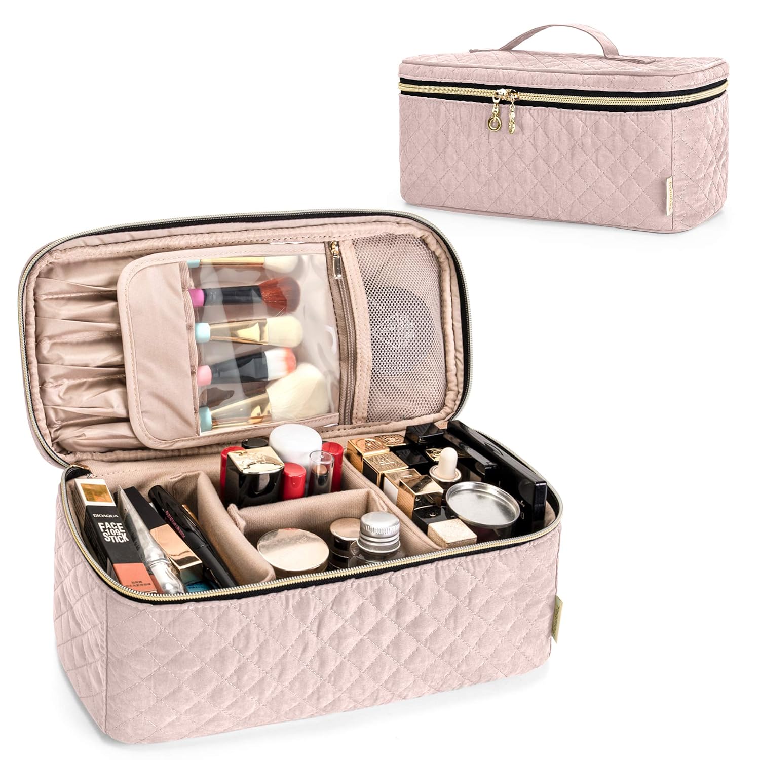 Teamoy Travel Makeup Brush Case, Makeup Train Organizer Bag With Handle For Makeup Brushes(Up To 8-Inch) And Essentials, Large, Misty Rose(Bag Only)