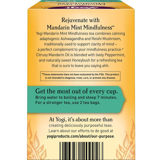 Yogi Tea Mandarin Mint Mindfulness - 16 Tea Bags Per Pack (4 Pack) - Organic Mandarin Mint Tea - Calming Herbal Tea - Includes Ashwagandha, Reishi Mushroom, Mandarin, Peppermint & More