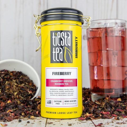 Tiesta Tea - Fireberry, Cranberry Hibiscus Rooibos Tea | Premium Loose Leaf Tea | Non-Caffeinated Rooibos Tea | Make Hot Or Iced Tea & Brews Up To 250 Cups - 16Oz Bulk Pouch & 5Oz Refillable Tin Combo