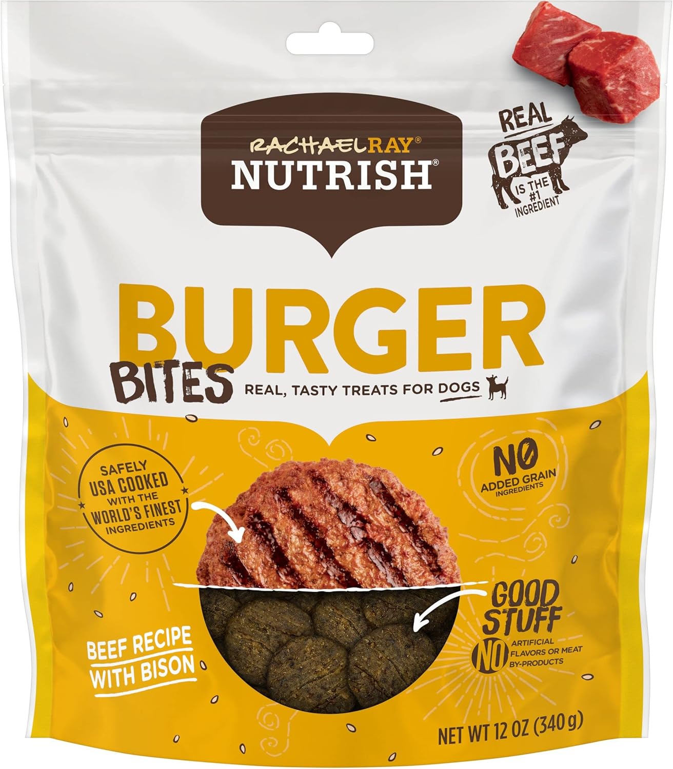 Rachael Ray Nutrish Burger Bites Real Meat Dog Treats, Beef Burger With Bison Recipe, 12 Ounces, Grain Free