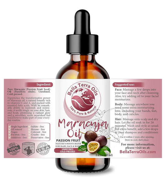 Bella Terra Oils - Maracuja (Passion Fruit) Oil 2oz - Cold-Pressed Excellence, Rich in Vitamin C & Linoleic Acid, Perfect Blend for Smooth & Lustrous Skin