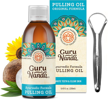 Gurunanda Original Oil Pulling With Tongue Scraper, Alcohol & Fluoride Free Mouthwash For Teeth & Gum Health & Fresh Breath (Unflavoured), 8.45 Fl Oz