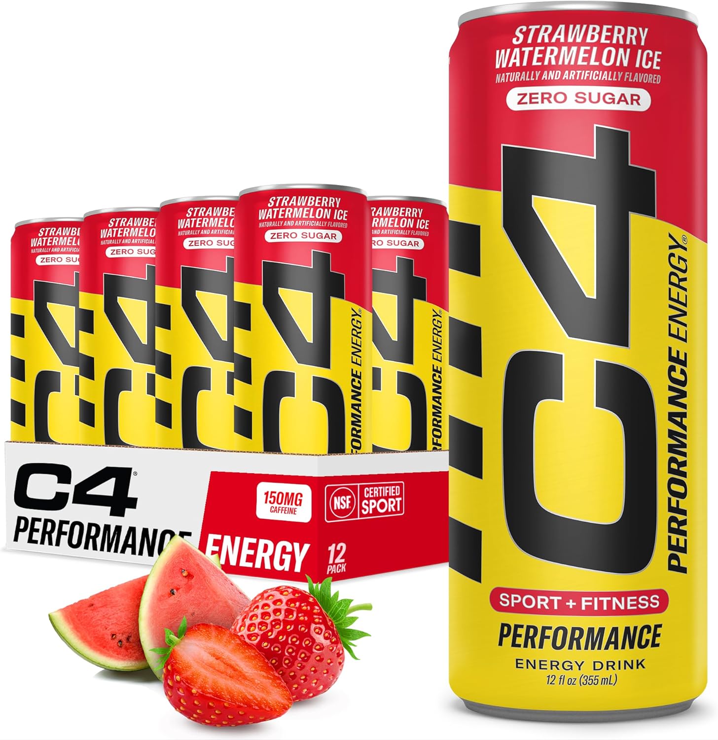 C4 Performance Energy Drink | Zero Sugar Carbonated Preworkout Energy | 150Mg Caffeine With Beta Alanine | Strawberry Watermelon Ice | 12 Fl Oz (12 Pack)