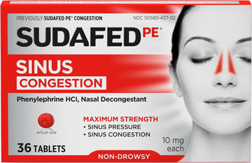 Sudafed PE Sinus Congestion Maximum Strength Non-Drowsy Decongestant Tablets, 36 ct
