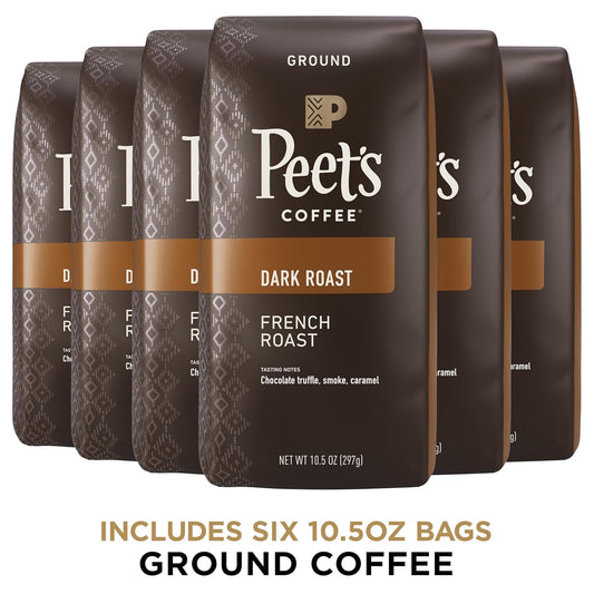 Peet's Coffee, Dark Roast Ground Coffee - French Roast 63 Ounces (6 Bags of 10.5 Ounces)