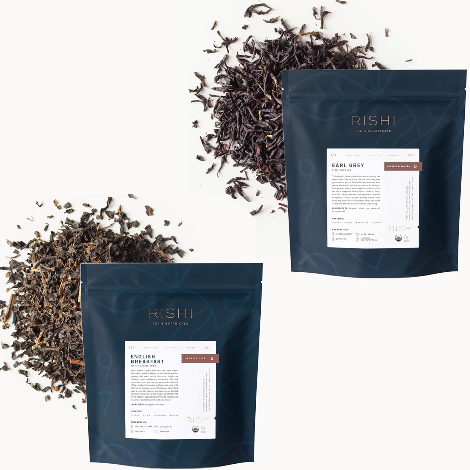Rishi Tea English Breakfast & Earl Grey Tea - Organic Direct Trade Loose Leaf, Certified Kosher Tea Bundle - 16 Ounce (Pack Of 2)