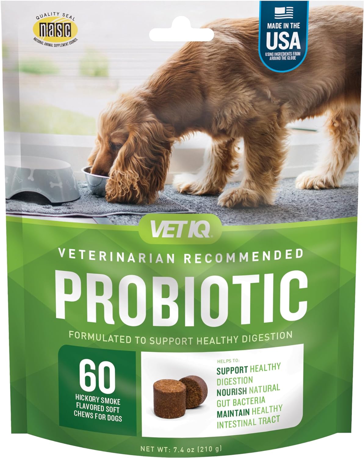VetIQ Probiotic Supplement for Dogs, Digestive Support for Dogs, Nourishes Gut Bacteria and Supports Bowel Function, Hickory Smoke Flavor, Made in The USA, 60 Count