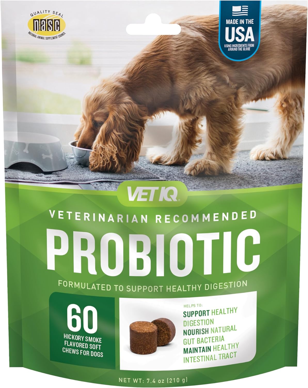 Vetiq Probiotic Supplement For Dogs, Digestive Support For Dogs, Nourishes Gut Bacteria And Supports Bowel Function, Hickory Smoke Flavor, Made In The Usa, 60 Count